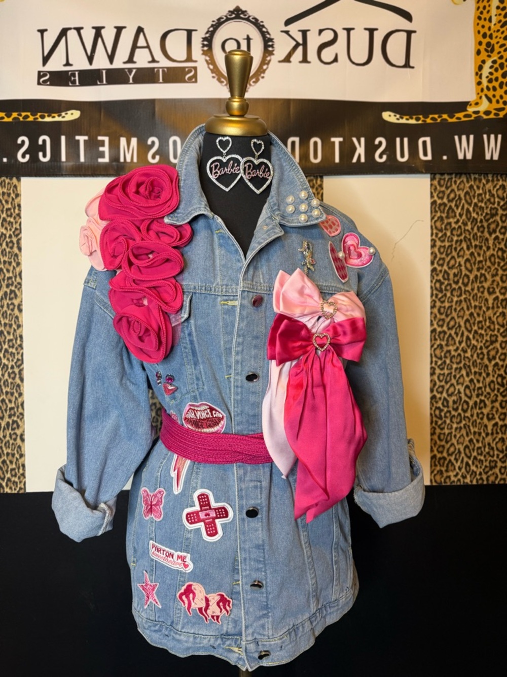 Embellished Denim Jacket with Pink Rosettes & Bows